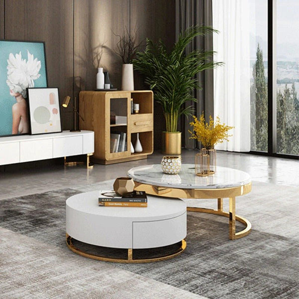 Regalia Coffee Table Set – Contemporary White & Gold Sintered Stone Top with Painted Steel Frame & Wooden Base, Modern Living Room Center Tables - Sleek Furniture