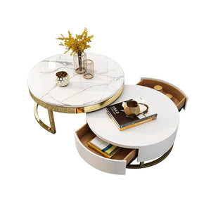 Regalia Coffee Table Set – Contemporary White & Gold Sintered Stone Top with Painted Steel Frame & Wooden Base, Modern Living Room Center Tables - Sleek Furniture