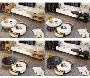 Regalia Coffee Table Set – Contemporary White & Gold Sintered Stone Top with Painted Steel Frame & Wooden Base, Modern Living Room Center Tables - Sleek Furniture