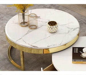 Regalia Coffee Table Set – Contemporary White & Gold Sintered Stone Top with Painted Steel Frame & Wooden Base, Modern Living Room Center Tables - Sleek Furniture