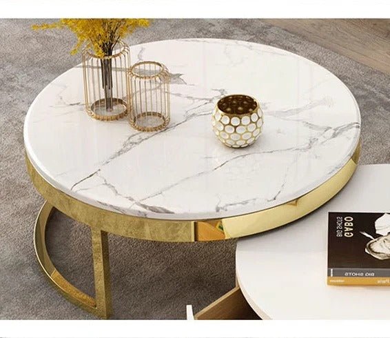 Regalia Coffee Table Set – Contemporary White & Gold Sintered Stone Top with Painted Steel Frame & Wooden Base, Modern Living Room Center Tables - Sleek Furniture
