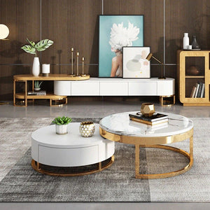 Regalia Coffee Table Set – Contemporary White & Gold Sintered Stone Top with Painted Steel Frame & Wooden Base, Modern Living Room Center Tables - Sleek Furniture