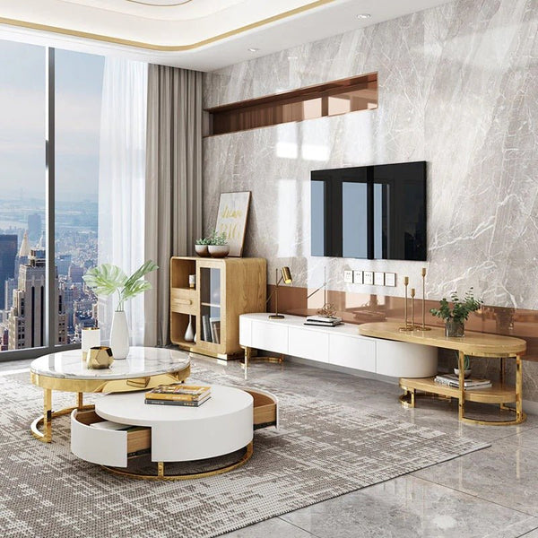 Regalia Coffee Table Set – Contemporary White & Gold Sintered Stone Top with Painted Steel Frame & Wooden Base, Modern Living Room Center Tables - Sleek Furniture