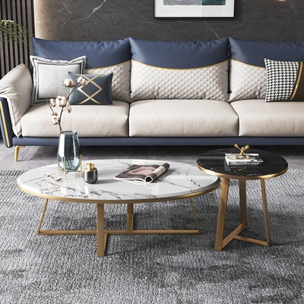 Reims Nesting Coffee Table Set – Modern Sintered Stone Top with Painted Steel Frame, White Black & Gold Contemporary Living Room Tables (Set of 2) - Sleek Furniture