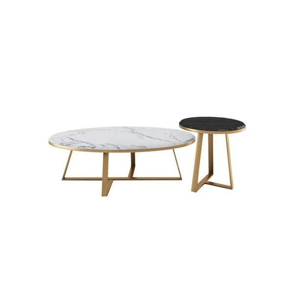 Reims Nesting Coffee Table Set – Modern Sintered Stone Top with Painted Steel Frame, White Black & Gold Contemporary Living Room Tables (Set of 2) - Sleek Furniture