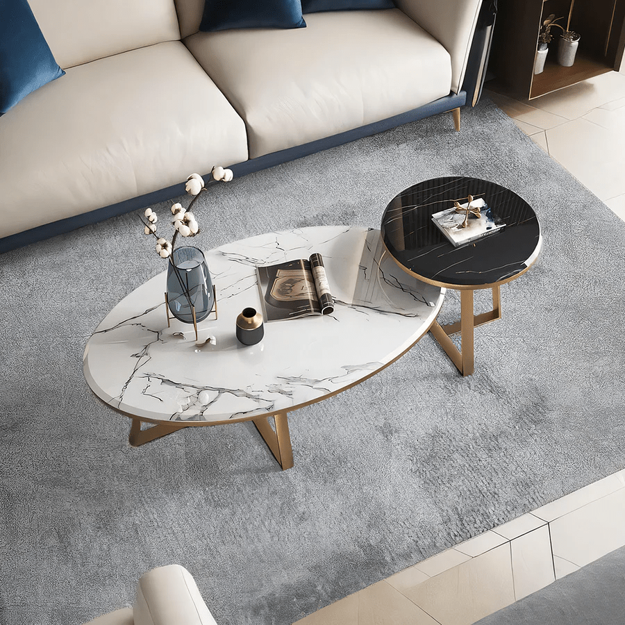 Reims Nesting Coffee Table Set – Modern Sintered Stone Top with Painted Steel Frame, White Black & Gold Contemporary Living Room Tables (Set of 2) - Sleek Furniture