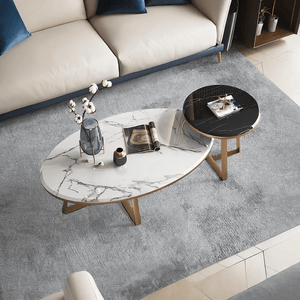 Reims Nesting Coffee Table Set – Modern Sintered Stone Top with Painted Steel Frame, White Black & Gold Contemporary Living Room Tables (Set of 2) - Sleek Furniture