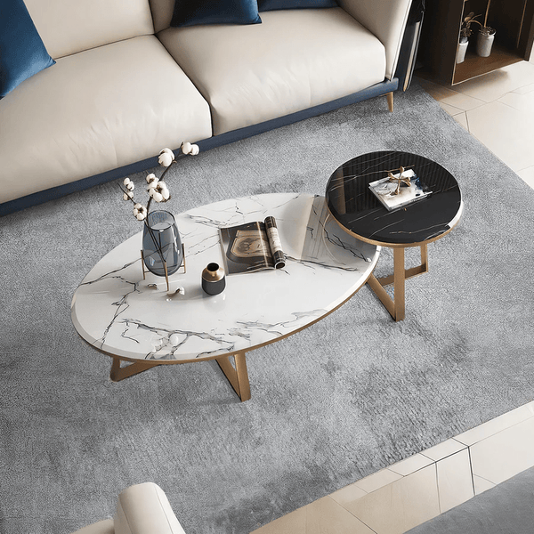 Reims Nesting Coffee Table Set – Modern Sintered Stone Top with Painted Steel Frame, White Black & Gold Contemporary Living Room Tables (Set of 2) - Sleek Furniture