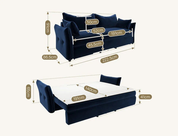 Ritchie Velvet Two Seater Pull Out Sofa Bed – Modern Convertible Sleeper Sofa with Pull-Out Mattress, Compact Space-Saving Guest Bed, Blue/Green/Beige - Sleek Furniture
