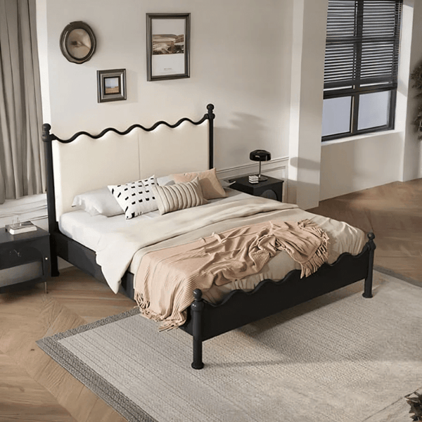 Roberta Wooden King Size / Super King Bed Frame – Cream & Black Contemporary Platform Bed (Mattress Not Included) - Sleek Furniture