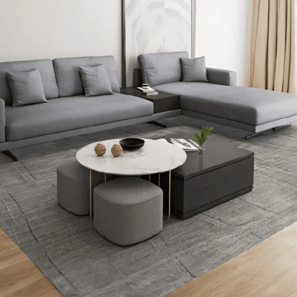 RS2 Nesting Coffee Table Set with Two Stools, Modern Sintered Stone Top Coffee Tables, Linen Upholstered Stools, Space Saving Living Room Furniture, Black Grey Gold - Sleek Furniture