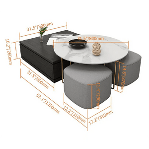 RS2 Nesting Coffee Table Set with Two Stools, Modern Sintered Stone Top Coffee Tables, Linen Upholstered Stools, Space Saving Living Room Furniture, Black Grey Gold - Sleek Furniture
