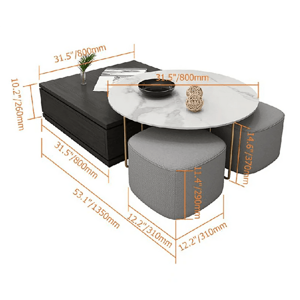 RS2 Nesting Coffee Table Set with Two Stools, Modern Sintered Stone Top Coffee Tables, Linen Upholstered Stools, Space Saving Living Room Furniture, Black Grey Gold - Sleek Furniture