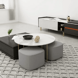RS2 Nesting Coffee Table Set with Two Stools, Modern Sintered Stone Top Coffee Tables, Linen Upholstered Stools, Space Saving Living Room Furniture, Black Grey Gold - Sleek Furniture