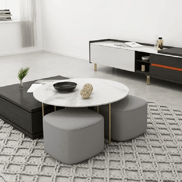 RS2 Nesting Coffee Table Set with Two Stools, Modern Sintered Stone Top Coffee Tables, Linen Upholstered Stools, Space Saving Living Room Furniture, Black Grey Gold - Sleek Furniture
