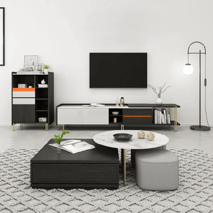 RS2 Nesting Coffee Table Set with Two Stools, Modern Sintered Stone Top Coffee Tables, Linen Upholstered Stools, Space Saving Living Room Furniture, Black Grey Gold - Sleek Furniture
