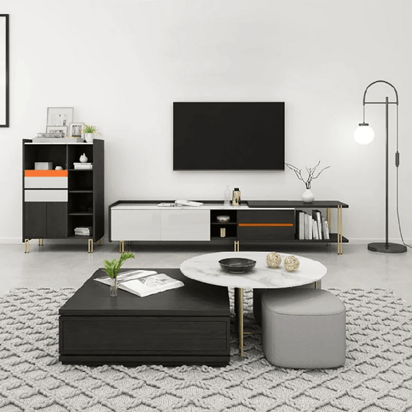 RS2 Nesting Coffee Table Set with Two Stools, Modern Sintered Stone Top Coffee Tables, Linen Upholstered Stools, Space Saving Living Room Furniture, Black Grey Gold - Sleek Furniture