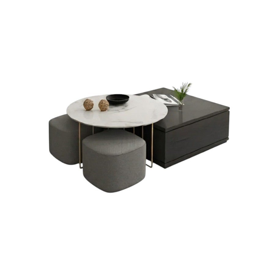 RS2 Nesting Coffee Table Set with Two Stools, Modern Sintered Stone Top Coffee Tables, Linen Upholstered Stools, Space Saving Living Room Furniture, Black Grey Gold - Sleek Furniture