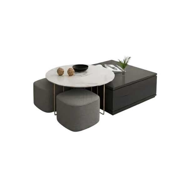 RS2 Nesting Coffee Table Set with Two Stools, Modern Sintered Stone Top Coffee Tables, Linen Upholstered Stools, Space Saving Living Room Furniture, Black Grey Gold - Sleek Furniture