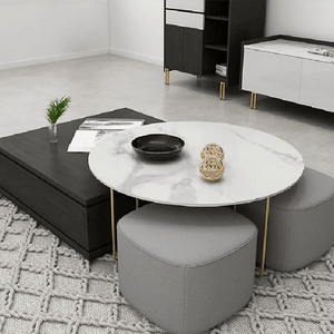 RS2 Nesting Coffee Table Set with Two Stools, Modern Sintered Stone Top Coffee Tables, Linen Upholstered Stools, Space Saving Living Room Furniture, Black Grey Gold - Sleek Furniture