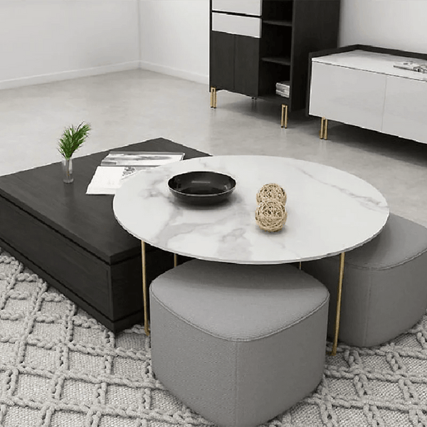 RS2 Nesting Coffee Table Set with Two Stools, Modern Sintered Stone Top Coffee Tables, Linen Upholstered Stools, Space Saving Living Room Furniture, Black Grey Gold - Sleek Furniture