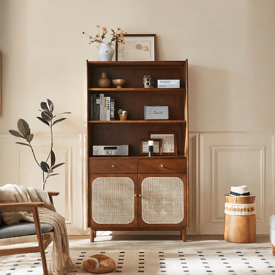 Ruby Tall Sideboard Cabinet – Solid Wood Antique Storage Unit in Walnut Finish, Modern Contemporary Tall Cabinet with Spacious Shelving - Sleek Furniture