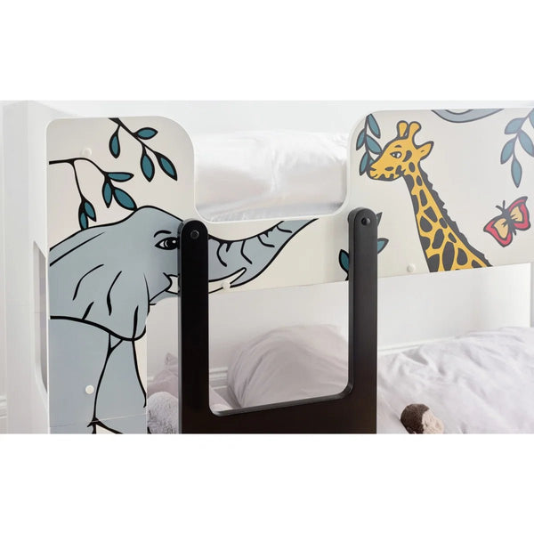 Safari Wooden Children's Bunk Bed with Safari Animal Design & Safety Ladder - Sleek Furniture