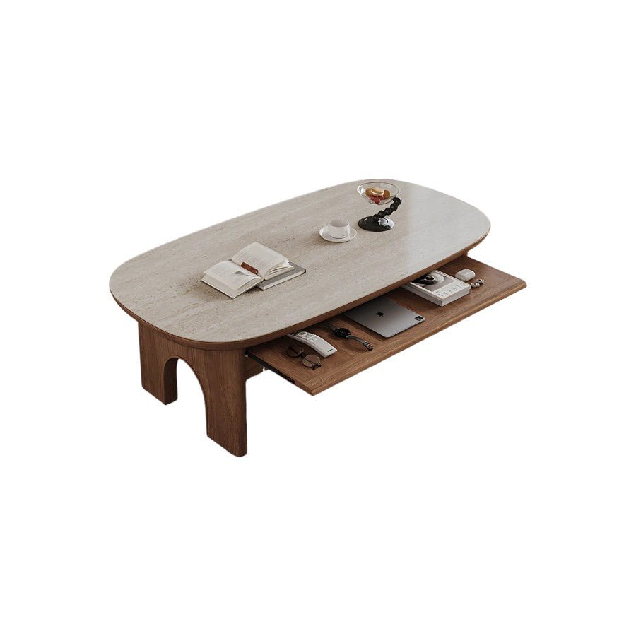 Saito Oval Coffee Table with Storage | Wooden Top with Painted Steel Frame | Contemporary Modern Living Room Center Table (White & Oak Finish) - Sleek Furniture