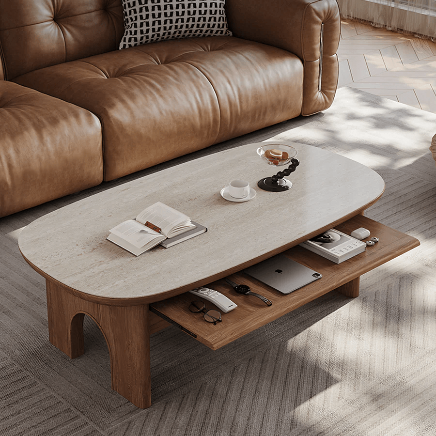 Saito Oval Coffee Table with Storage | Wooden Top with Painted Steel Frame | Contemporary Modern Living Room Center Table (White & Oak Finish) - Sleek Furniture