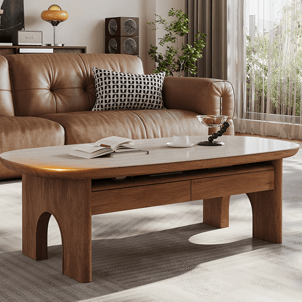 Saito Oval Coffee Table with Storage | Wooden Top with Painted Steel Frame | Contemporary Modern Living Room Center Table (White & Oak Finish) - Sleek Furniture