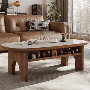 Saito Oval Coffee Table with Storage | Wooden Top with Painted Steel Frame | Contemporary Modern Living Room Center Table (White & Oak Finish) - Sleek Furniture