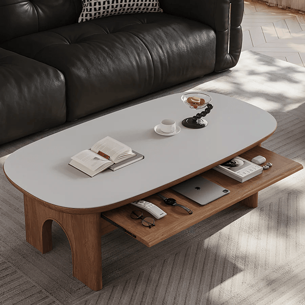 Saito Oval Coffee Table with Storage | Wooden Top with Painted Steel Frame | Contemporary Modern Living Room Center Table (White & Oak Finish) - Sleek Furniture