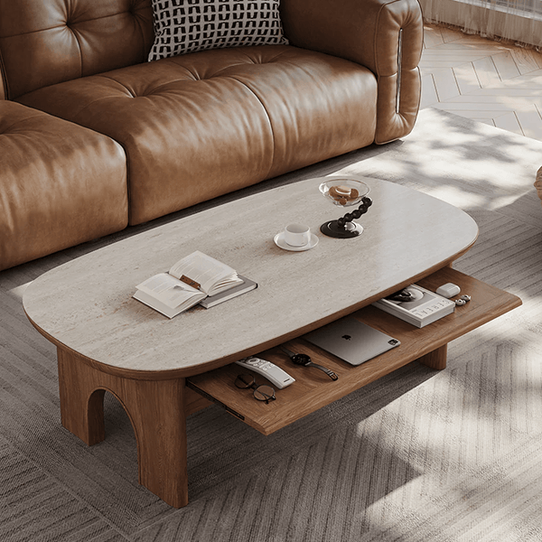 Saito Oval Coffee Table with Storage | Wooden Top with Painted Steel Frame | Contemporary Modern Living Room Center Table (White & Oak Finish) - Sleek Furniture