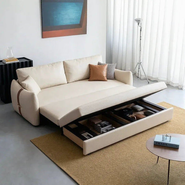 Sakura Sofa Bed with Storage, Folding Pull Out Sofa Bed with Hidden Storage, Leathaire Upholstered Convertible Sleeper Sofa for Living Room or Guest Room - Sleek Furniture