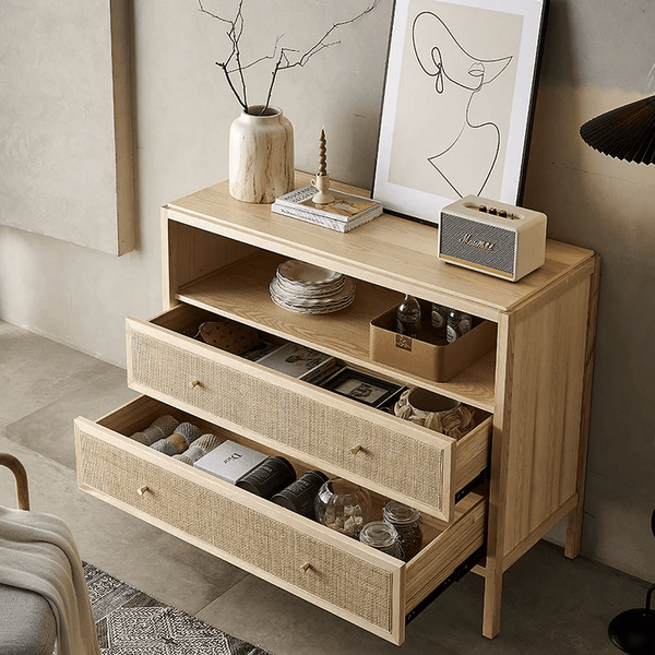San Vintage Oak Sideboard with Rattan Doors – Solid Wood Storage Cabinet, Light Oak Finish, Rustic & Modern Design - Sleek Furniture