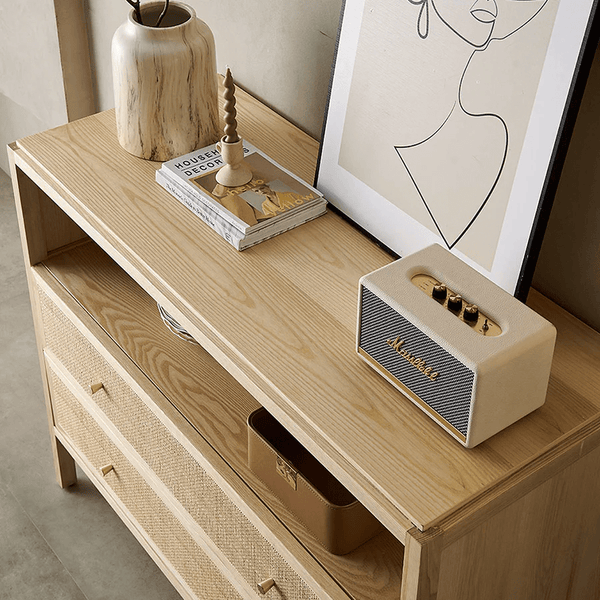 San Vintage Oak Sideboard with Rattan Doors – Solid Wood Storage Cabinet, Light Oak Finish, Rustic & Modern Design - Sleek Furniture