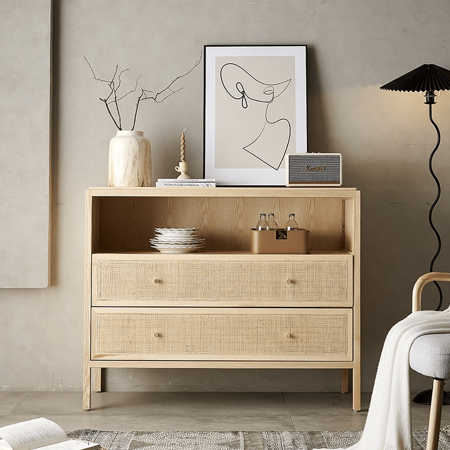 San Vintage Oak Sideboard with Rattan Doors – Solid Wood Storage Cabinet, Light Oak Finish, Rustic & Modern Design - Sleek Furniture