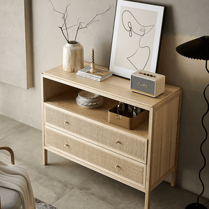 San Vintage Oak Sideboard with Rattan Doors – Solid Wood Storage Cabinet, Light Oak Finish, Rustic & Modern Design - Sleek Furniture
