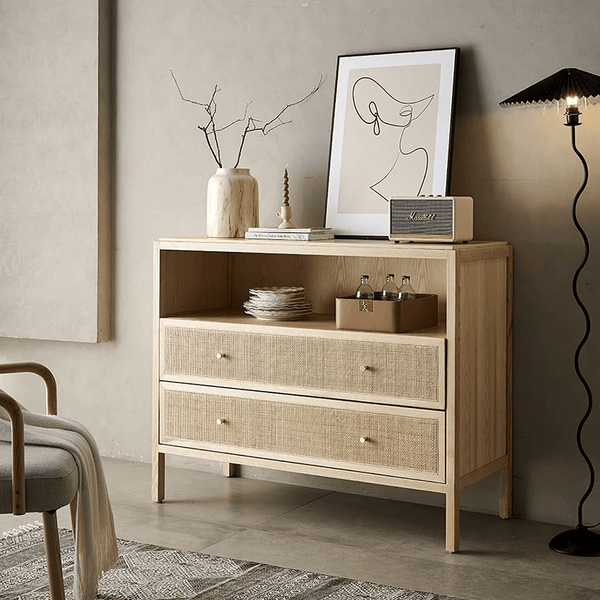 San Vintage Oak Sideboard with Rattan Doors – Solid Wood Storage Cabinet, Light Oak Finish, Rustic & Modern Design - Sleek Furniture