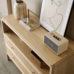 San Vintage Oak Sideboard with Rattan Doors – Solid Wood Storage Cabinet, Light Oak Finish, Rustic & Modern Design - Sleek Furniture