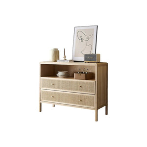 San Vintage Oak Sideboard with Rattan Doors – Solid Wood Storage Cabinet, Light Oak Finish, Rustic & Modern Design - Sleek Furniture