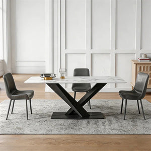 Sanders Triangle Dining Table, Sintered Stone Top Modern Dining Table with Painted Steel Legs, Marble Effect Kitchen & Dining Table, White & Black Contemporary Dining Room Table - Sleek Furniture