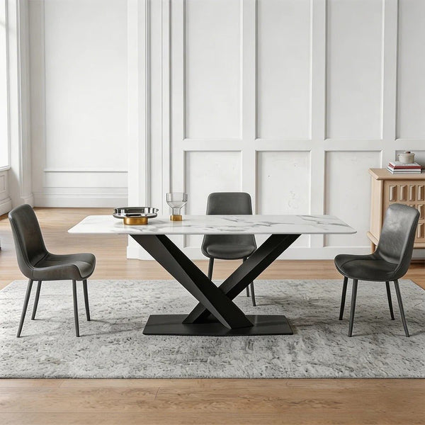 Sanders Triangle Dining Table, Sintered Stone Top Modern Dining Table with Painted Steel Legs, Marble Effect Kitchen & Dining Table, White & Black Contemporary Dining Room Table - Sleek Furniture