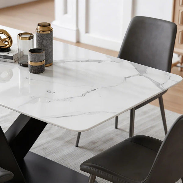 Sanders Triangle Dining Table, Sintered Stone Top Modern Dining Table with Painted Steel Legs, Marble Effect Kitchen & Dining Table, White & Black Contemporary Dining Room Table - Sleek Furniture