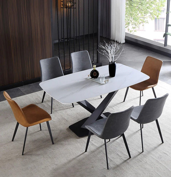 Sanders Triangle Dining Table, Sintered Stone Top Modern Dining Table with Painted Steel Legs, Marble Effect Kitchen & Dining Table, White & Black Contemporary Dining Room Table - Sleek Furniture