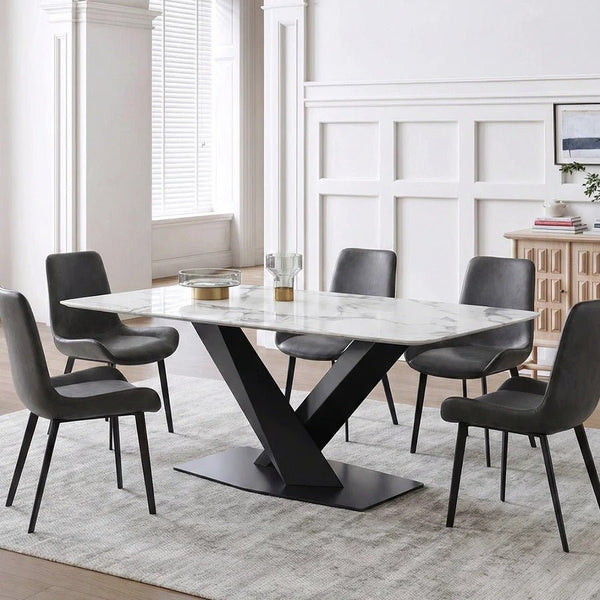 Sanders Triangle Dining Table, Sintered Stone Top Modern Dining Table with Painted Steel Legs, Marble Effect Kitchen & Dining Table, White & Black Contemporary Dining Room Table - Sleek Furniture
