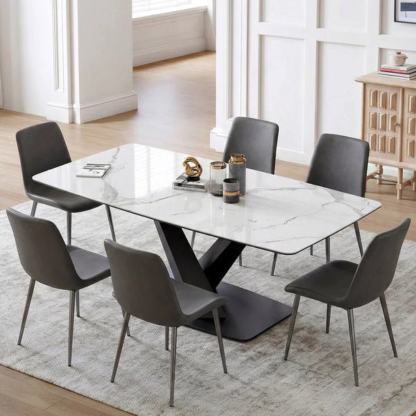 Sanders Triangle Dining Table, Sintered Stone Top Modern Dining Table with Painted Steel Legs, Marble Effect Kitchen & Dining Table, White & Black Contemporary Dining Room Table - Sleek Furniture
