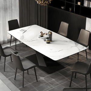 Sanders Triangle Dining Table, Sintered Stone Top Modern Dining Table with Painted Steel Legs, Marble Effect Kitchen & Dining Table, White & Black Contemporary Dining Room Table - Sleek Furniture
