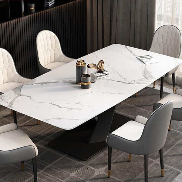 Sanders Triangle Dining Table, Sintered Stone Top Modern Dining Table with Painted Steel Legs, Marble Effect Kitchen & Dining Table, White & Black Contemporary Dining Room Table - Sleek Furniture