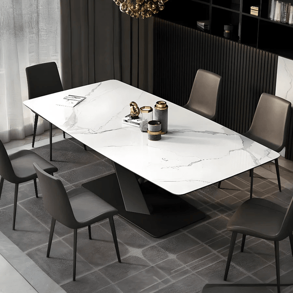 Sanders Triangle Dining Table, Sintered Stone Top Modern Dining Table with Painted Steel Legs, Marble Effect Kitchen & Dining Table, White & Black Contemporary Dining Room Table - Sleek Furniture